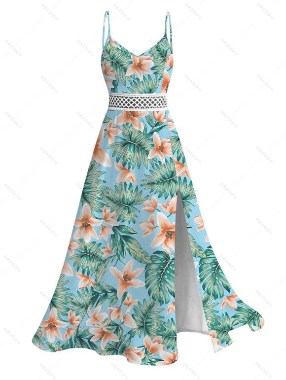 Hawaiian Vacation Couple Outfit Tropical Flower Leaf Print Lace Hollow Out Spaghetti Strap Slit Dress and Shirt Set - Turquoise S | US 4