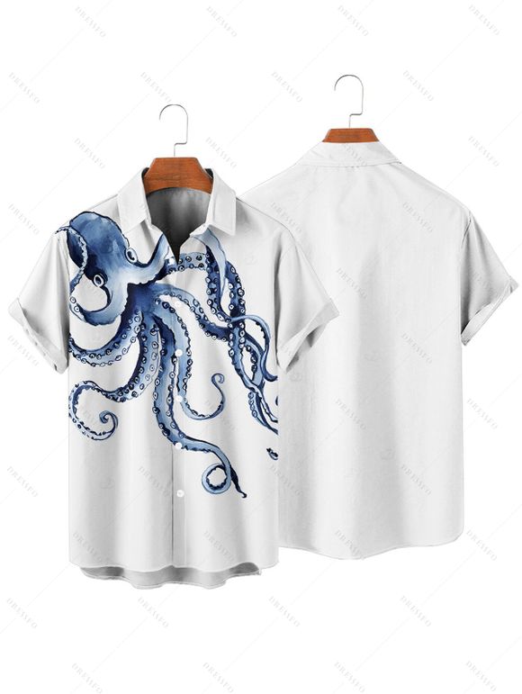 Hawaiian Vacation Couple Outfit Octopus Marine Life Print Pocket Off the Shoulder Romper and Shirt Set - Blanc S | US 4