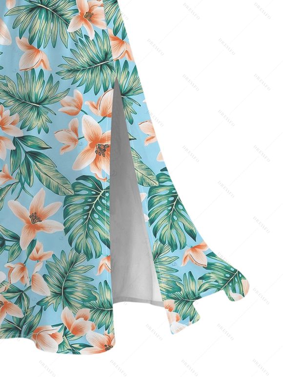 Hawaiian Vacation Couple Outfit Tropical Flower Leaf Print Lace Hollow Out Spaghetti Strap Slit Dress and Shirt Set - Turquoise S | US 4