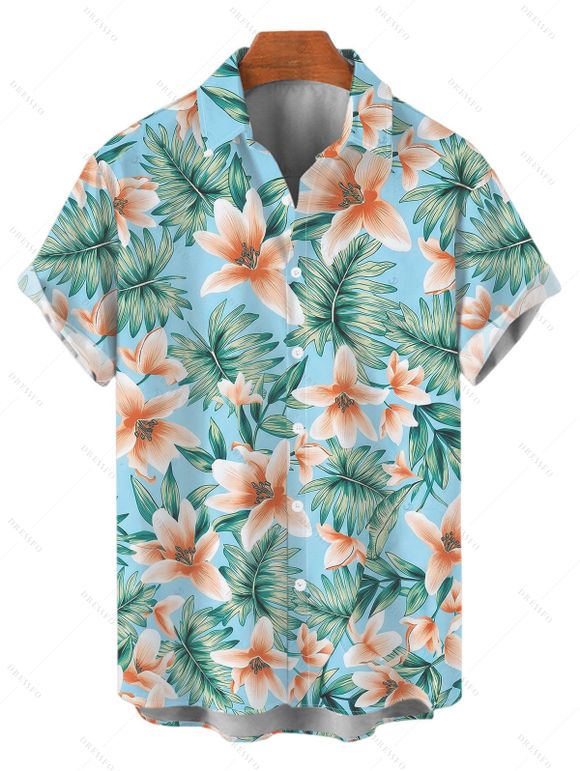 Hawaiian Vacation Couple Outfit Tropical Flower Leaf Print Lace Hollow Out Spaghetti Strap Slit Dress and Shirt Set - Turquoise S | US 4