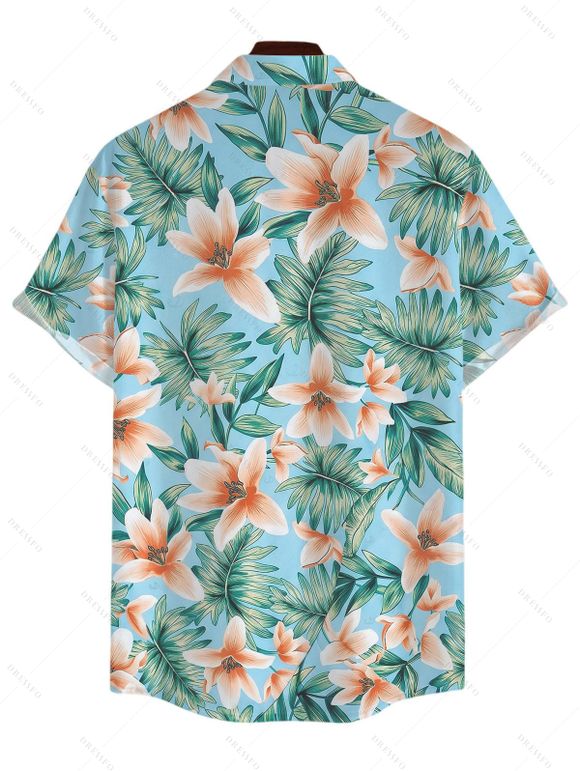 Hawaiian Vacation Couple Outfit Tropical Flower Leaf Print Lace Hollow Out Spaghetti Strap Slit Dress and Shirt Set - Turquoise S | US 4