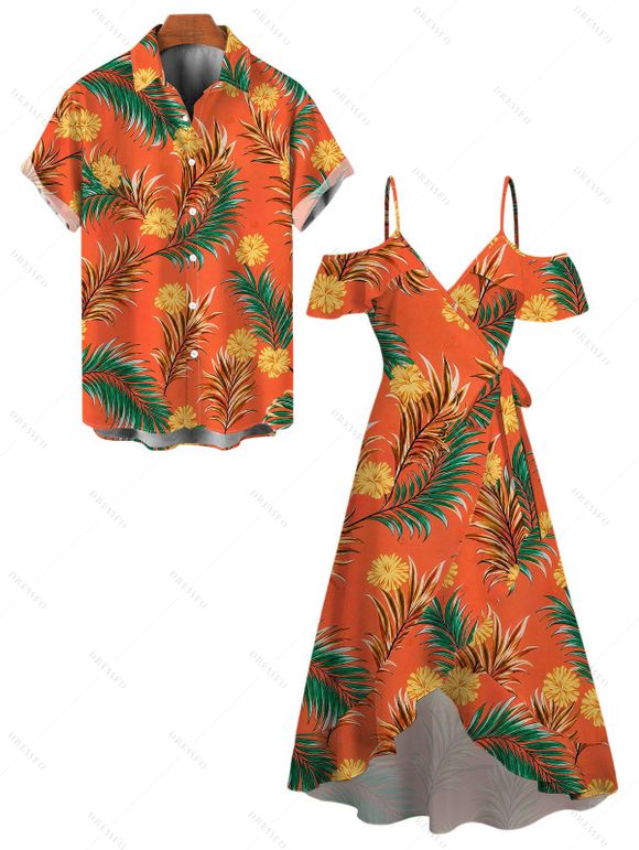 Hawaiian Vacation Couple Outfit Tropical Flower Leaf Print Self-belt Cold Shoulder High Low Dress and Shirt Set - Orange vif S | US 4