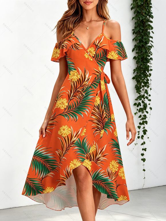 Hawaiian Vacation Couple Outfit Tropical Flower Leaf Print Self-belt Cold Shoulder High Low Dress and Shirt Set - Orange vif S | US 4