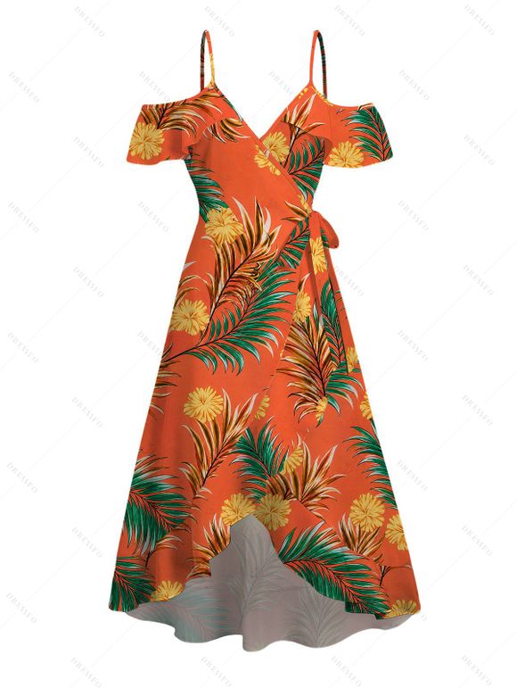 Hawaiian Vacation Couple Outfit Tropical Flower Leaf Print Self-belt Cold Shoulder High Low Dress and Shirt Set - Orange vif S | US 4