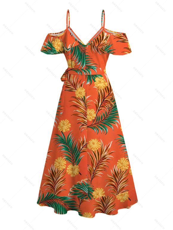 Hawaiian Vacation Couple Outfit Tropical Flower Leaf Print Self-belt Cold Shoulder High Low Dress and Shirt Set - Orange vif S | US 4