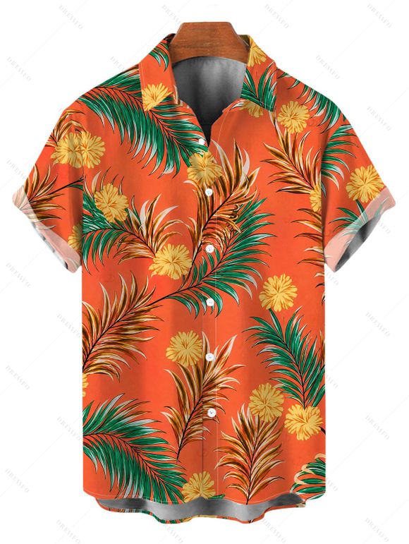 Hawaiian Vacation Couple Outfit Tropical Flower Leaf Print Self-belt Cold Shoulder High Low Dress and Shirt Set - Orange vif S | US 4