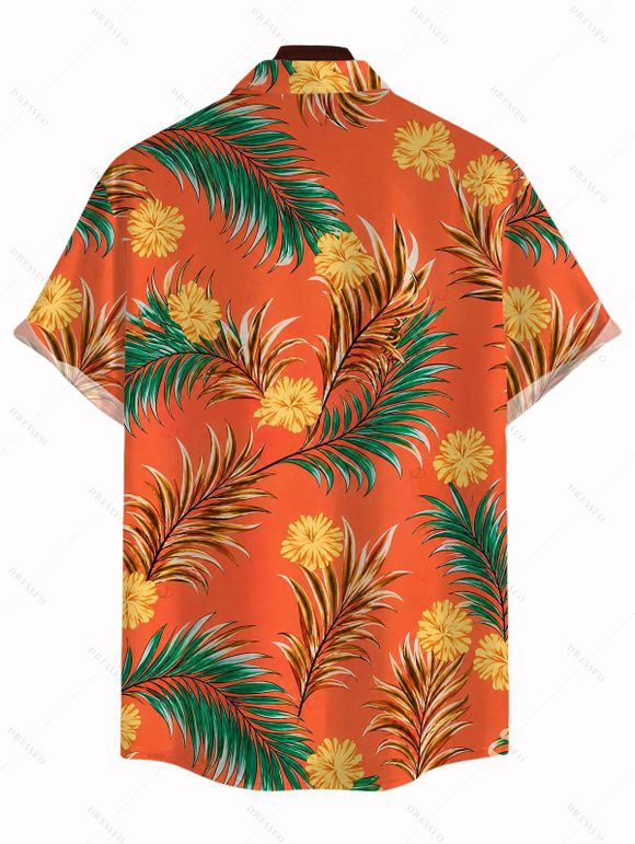 Hawaiian Vacation Couple Outfit Tropical Flower Leaf Print Self-belt Cold Shoulder High Low Dress and Shirt Set - Orange vif S | US 4