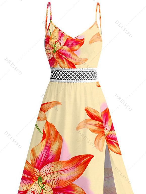 Vacation Dress Watercolor Lily Floral Print Lace Hollow Out Spaghetti Strap Slit Dress - Orange XXXXXL | US 20