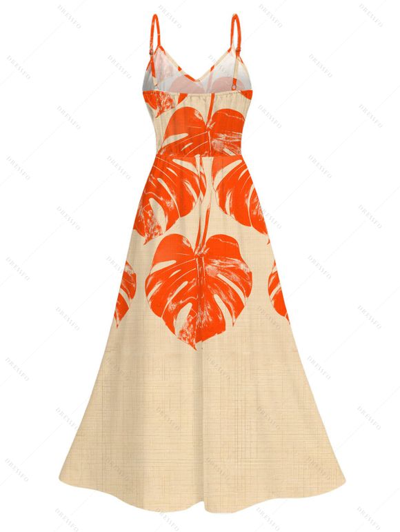 Hawaiian Vacation Dress Monstera Leaf Print Lace Hollow Out Spaghetti Strap Slit Dress - Orange XXXXXL | US 20