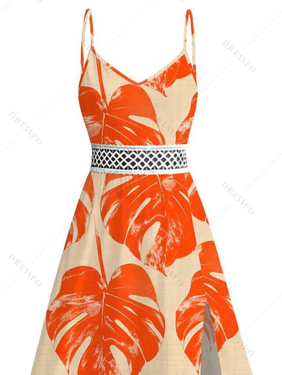 Hawaiian Vacation Dress Monstera Leaf Print Lace Hollow Out Spaghetti Strap Slit Dress - Orange XXXXXL | US 20