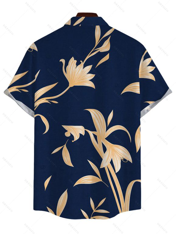 Men's Vacation Shirt Golden Hand‑Drawn Orchid Floral Print Button Up Shirt - Bleu de Minuit 5XL