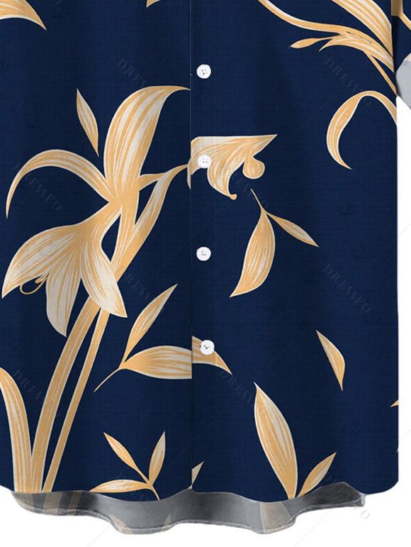 Men's Vacation Shirt Golden Hand‑Drawn Orchid Floral Print Button Up Shirt - Bleu de Minuit 5XL