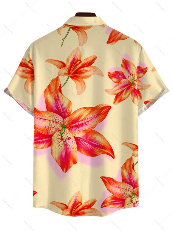 Men's Vacation Shirt Watercolor Lily Floral Print Button Up Shirt - Orange 5XL