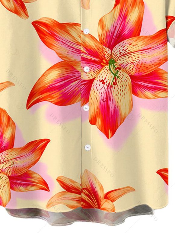Men's Vacation Shirt Watercolor Lily Floral Print Button Up Shirt - Orange 5XL