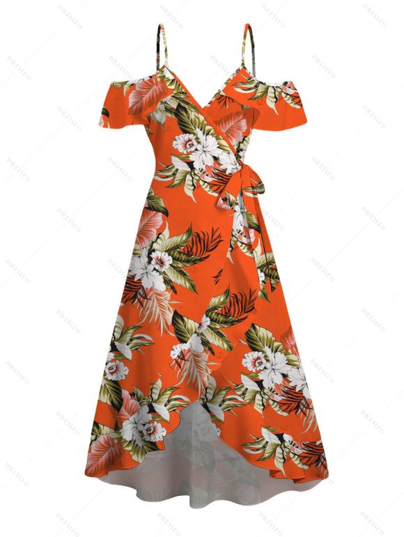 Beach Vacation Dress Tropical Floral Palm Leaf Print Self-belt Cold Shoulder High Low Wrap Dress - Orange XXL | US 14