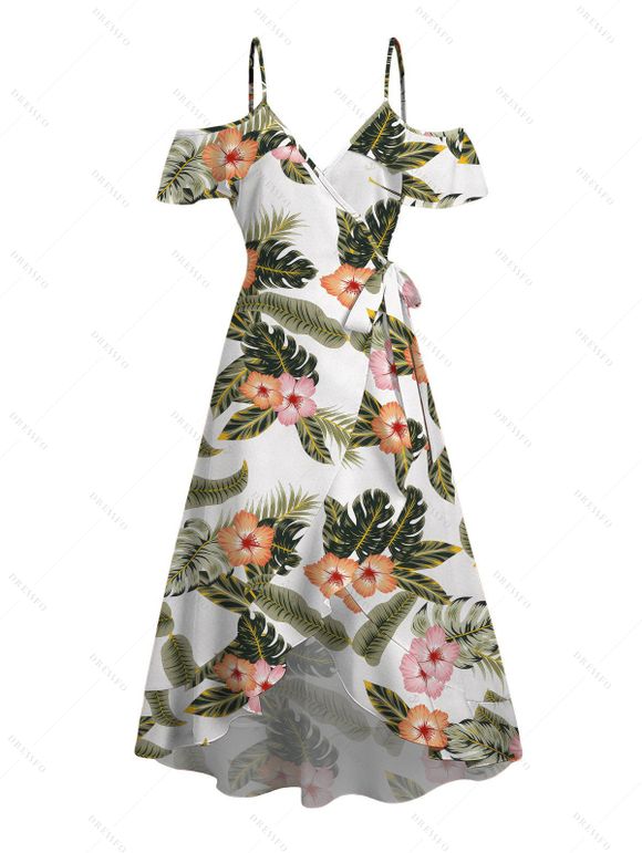 Vacation Dress Tropical Hibiscus Floral Leaf Print Self-belt Cold Shoulder High Low Wrap Dress - Vert XXL | US 14