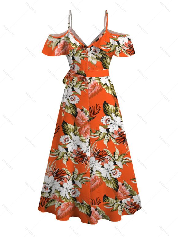 Beach Vacation Dress Tropical Floral Palm Leaf Print Self-belt Cold Shoulder High Low Wrap Dress - Orange XXL | US 14