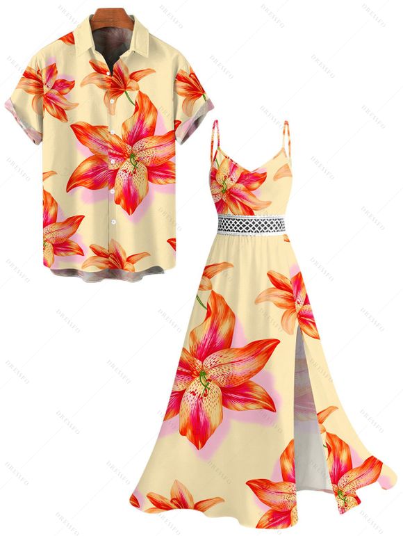 Vacation Couple Outfit Watercolor Lily Floral Print Lace Hollow Out Slit Dress and Shirt Set - Orange S | US 4