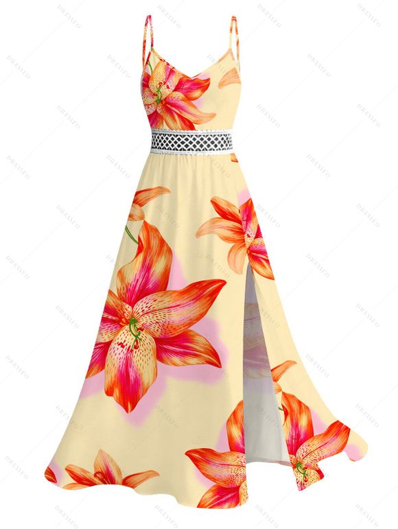 Vacation Couple Outfit Watercolor Lily Floral Print Lace Hollow Out Slit Dress and Shirt Set - Orange S | US 4