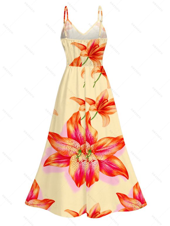 Vacation Couple Outfit Watercolor Lily Floral Print Lace Hollow Out Slit Dress and Shirt Set - Orange S | US 4