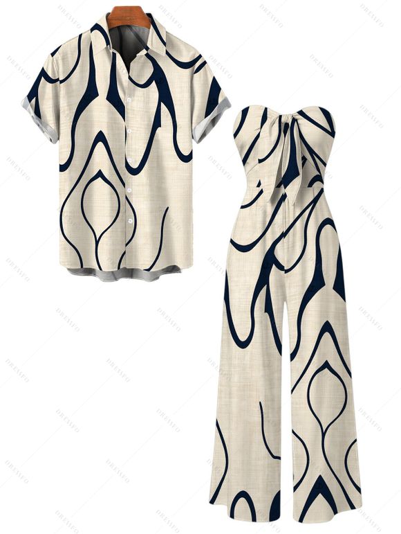 Hawaiian Vacation Couple Outfit Abstract Print Pocket Off the Shoulder Jumpsuit and Shirt Set - Beige S | US 4