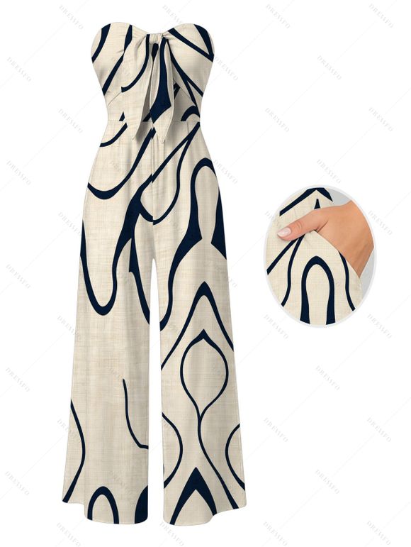 Hawaiian Vacation Couple Outfit Abstract Print Pocket Off the Shoulder Jumpsuit and Shirt Set - Beige S | US 4