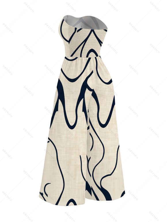 Hawaiian Vacation Couple Outfit Abstract Print Pocket Off the Shoulder Jumpsuit and Shirt Set - Beige S | US 4