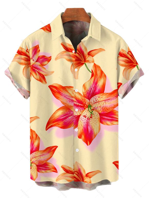 Vacation Couple Outfit Watercolor Lily Floral Print Lace Hollow Out Slit Dress and Shirt Set - Orange S | US 4