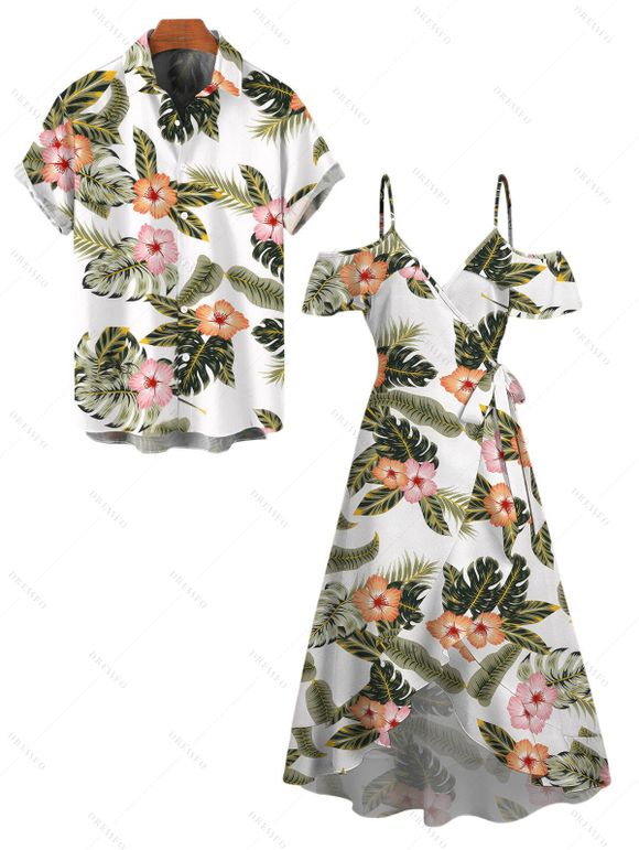 Vacation Couple Outfit Tropical Hibiscus Floral Leaf Print Self-belt Cold Shoulder High Low Wrap Dress and Shirt Set - Vert S | US 4