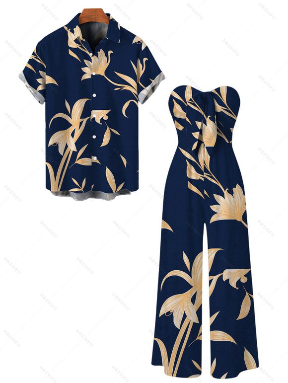 Vacation Couple Outfit Hand‑Drawn Orchid Floral Print Pocket Off the Shoulder Jumpsuit and Shirt Set - Bleu de Minuit S | US 4
