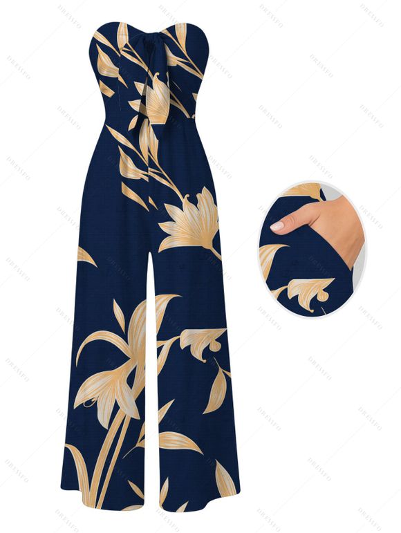 Vacation Couple Outfit Hand‑Drawn Orchid Floral Print Pocket Off the Shoulder Jumpsuit and Shirt Set - Bleu de Minuit S | US 4