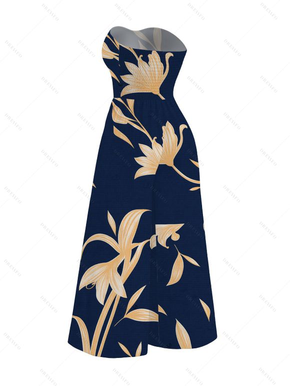 Vacation Couple Outfit Hand‑Drawn Orchid Floral Print Pocket Off the Shoulder Jumpsuit and Shirt Set - Bleu de Minuit S | US 4