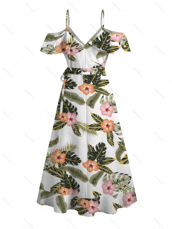 Vacation Couple Outfit Tropical Hibiscus Floral Leaf Print Self-belt Cold Shoulder High Low Wrap Dress and Shirt Set - Vert S | US 4