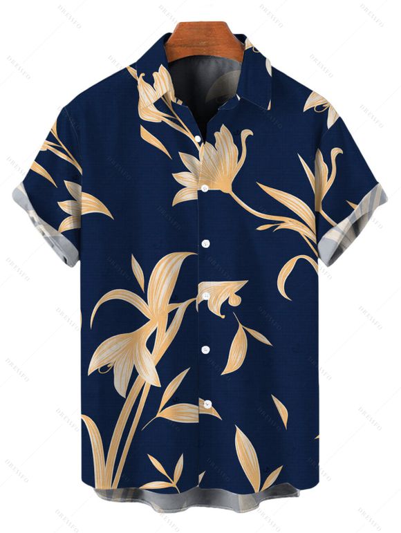 Vacation Couple Outfit Hand‑Drawn Orchid Floral Print Pocket Off the Shoulder Jumpsuit and Shirt Set - Bleu de Minuit S | US 4