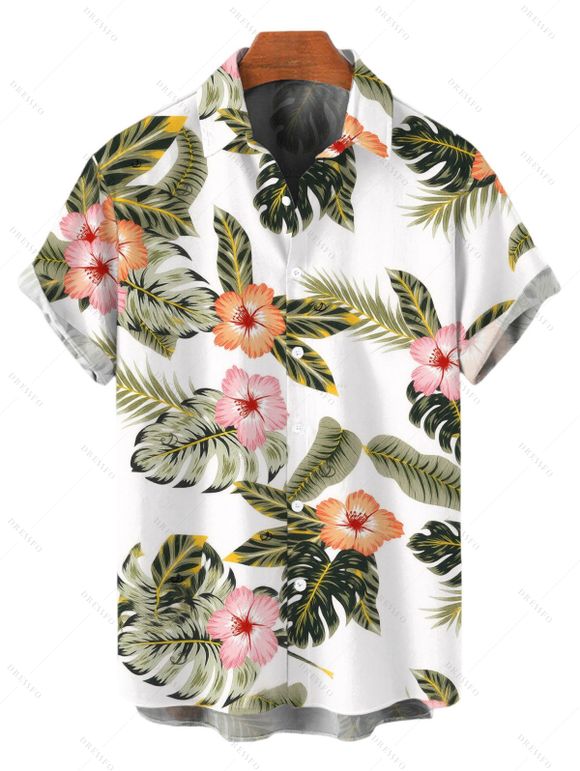 Vacation Couple Outfit Tropical Hibiscus Floral Leaf Print Self-belt Cold Shoulder High Low Wrap Dress and Shirt Set - Vert S | US 4