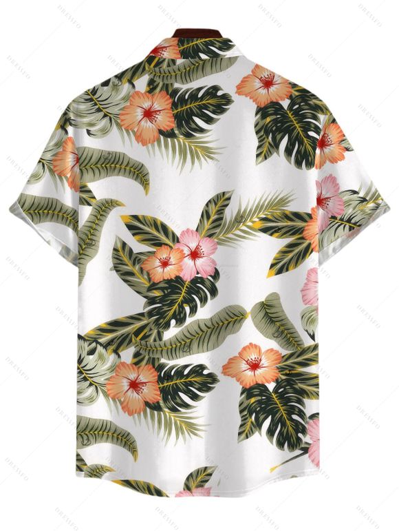 Vacation Couple Outfit Tropical Hibiscus Floral Leaf Print Self-belt Cold Shoulder High Low Wrap Dress and Shirt Set - Vert S | US 4