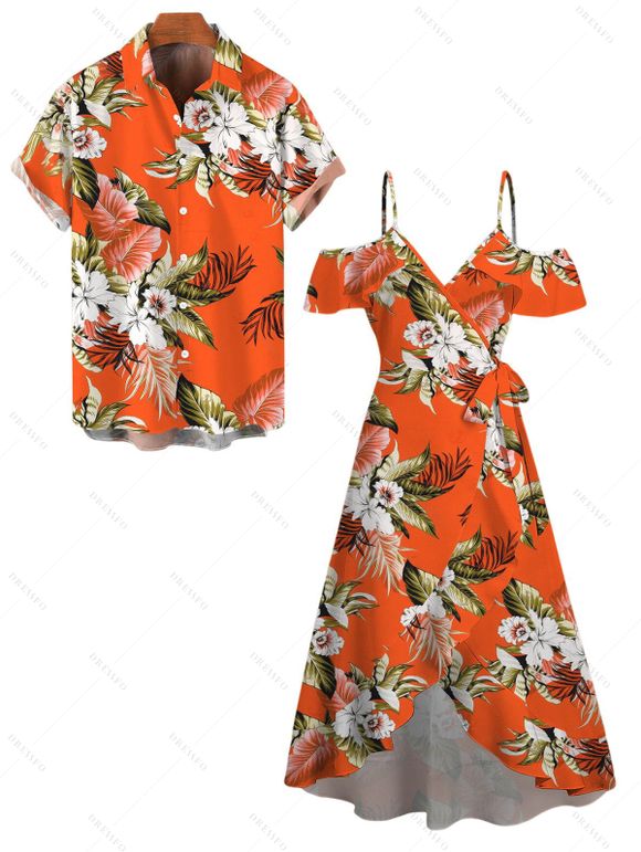Beach Vacation Couple Outfit Tropical Floral Palm Leaf Print Self-belt Cold Shoulder High Low Wrap Dress and Shirt Set - Orange S | US 4