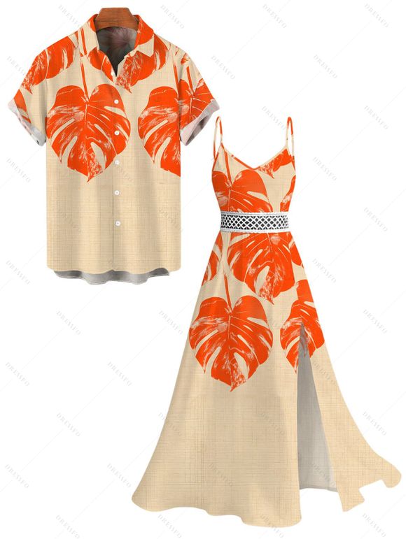 Hawaiian Vacation Couple Outfit Monstera Leaf Print Lace Hollow Out Slit Dress and Shirt Set - Orange S | US 4