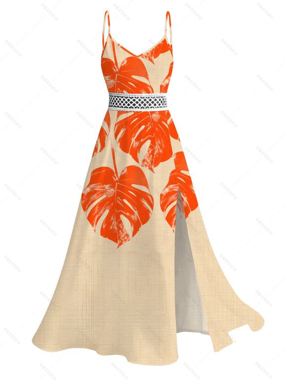 Hawaiian Vacation Couple Outfit Monstera Leaf Print Lace Hollow Out Slit Dress and Shirt Set - Orange S | US 4