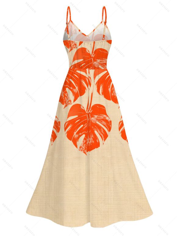 Hawaiian Vacation Couple Outfit Monstera Leaf Print Lace Hollow Out Slit Dress and Shirt Set - Orange S | US 4