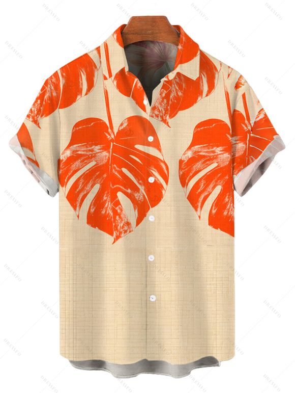 Hawaiian Vacation Couple Outfit Monstera Leaf Print Lace Hollow Out Slit Dress and Shirt Set - Orange S | US 4