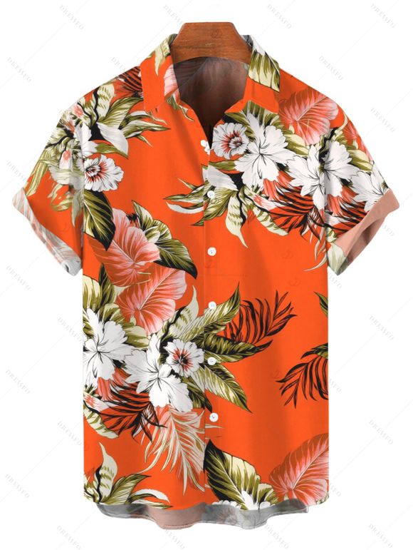 Beach Vacation Couple Outfit Tropical Floral Palm Leaf Print Self-belt Cold Shoulder High Low Wrap Dress and Shirt Set - Orange S | US 4