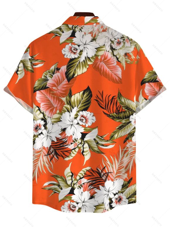 Beach Vacation Couple Outfit Tropical Floral Palm Leaf Print Self-belt Cold Shoulder High Low Wrap Dress and Shirt Set - Orange S | US 4