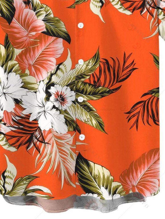 Beach Vacation Couple Outfit Tropical Floral Palm Leaf Print Self-belt Cold Shoulder High Low Wrap Dress and Shirt Set - Orange S | US 4