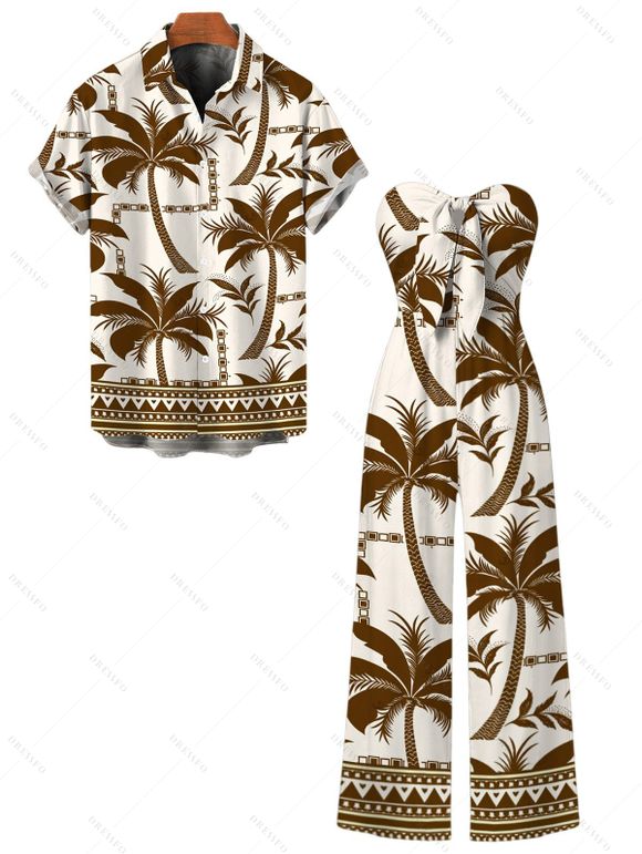 Hawaiian Vacation Couple Outfit Coconut Tree Geometric Print Pocket Off the Shoulder Jumpsuit and Shirt Set - café S | US 4