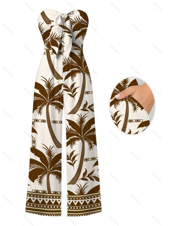 Hawaiian Vacation Couple Outfit Coconut Tree Geometric Print Pocket Off the Shoulder Jumpsuit and Shirt Set - café S | US 4