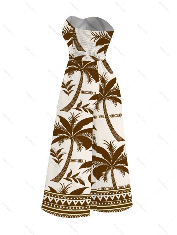 Hawaiian Vacation Couple Outfit Coconut Tree Geometric Print Pocket Off the Shoulder Jumpsuit and Shirt Set - café S | US 4