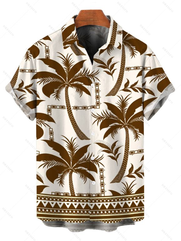 Hawaiian Vacation Couple Outfit Coconut Tree Geometric Print Pocket Off the Shoulder Jumpsuit and Shirt Set - café S | US 4