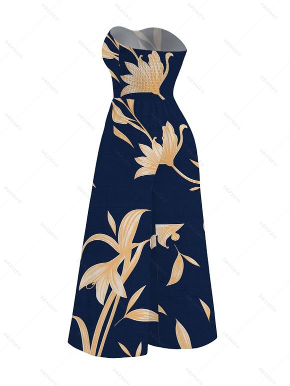 Vacation Jumpsuit Golden Hand‑Drawn Orchid Floral Print Pocket Off the Shoulder Jumpsuit - Bleu de Minuit XXL | US 14