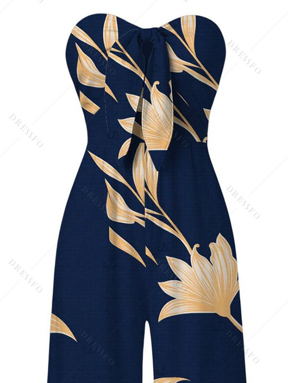 Vacation Jumpsuit Golden Hand‑Drawn Orchid Floral Print Pocket Off the Shoulder Jumpsuit - Bleu de Minuit XXL | US 14